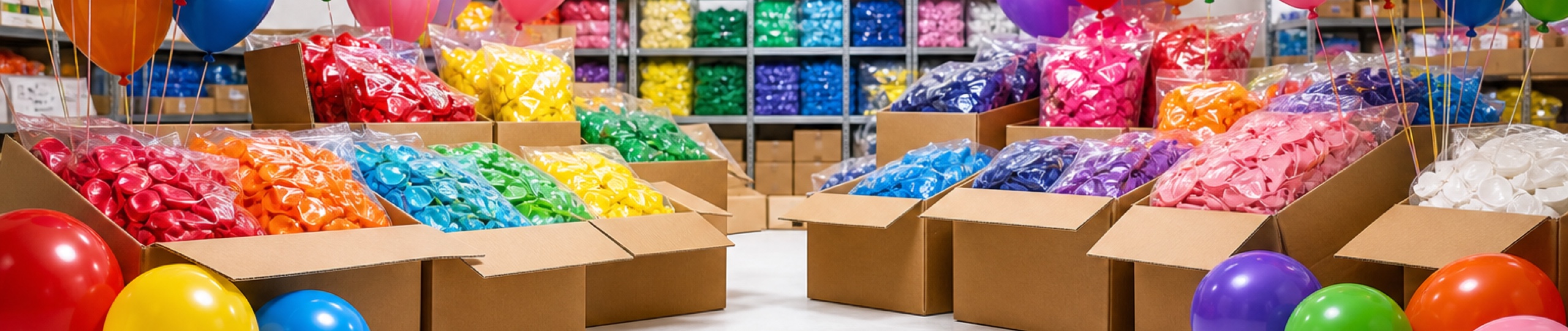 Shipping boxes spilling colorful balloon packs among inflated balloons
